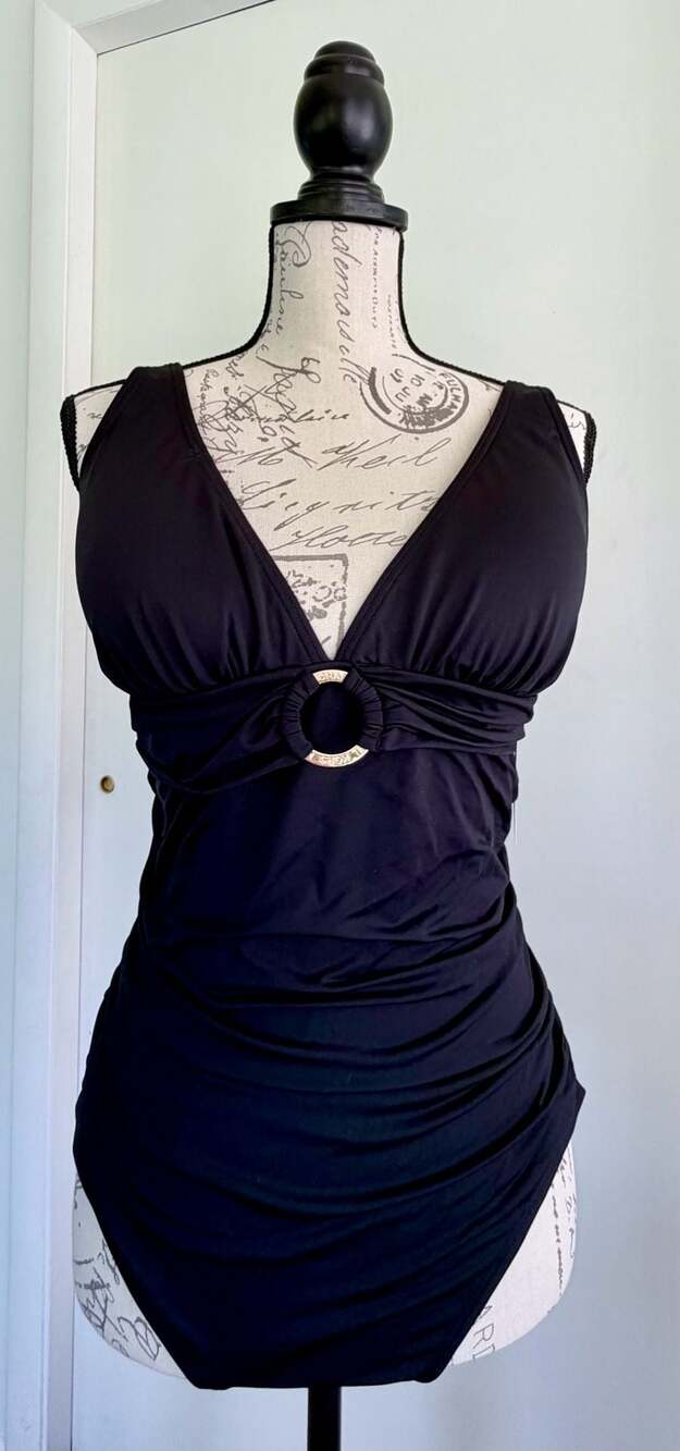 Michael Kors Women's Ruched O-Ring One Piece Swimsuit Black Size 14